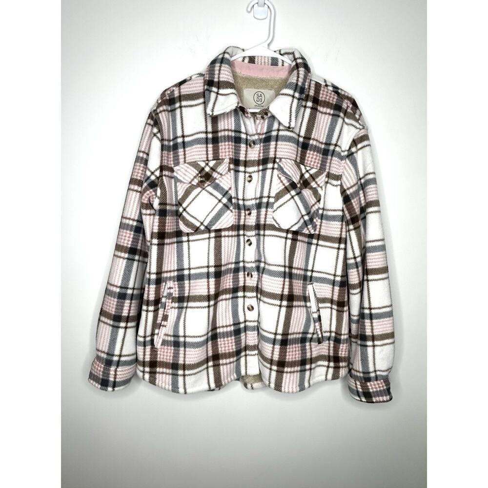 Sage Collective Fleece Shacket Sz L Plaid Sherpa Lined Cozy Casual Outdoors